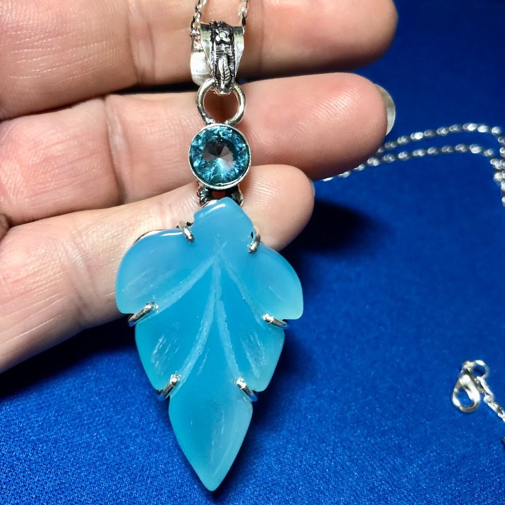 One of a Kind Carved Chalcedony + Blue Topaz Gemstone 925 Stamped Necklace.